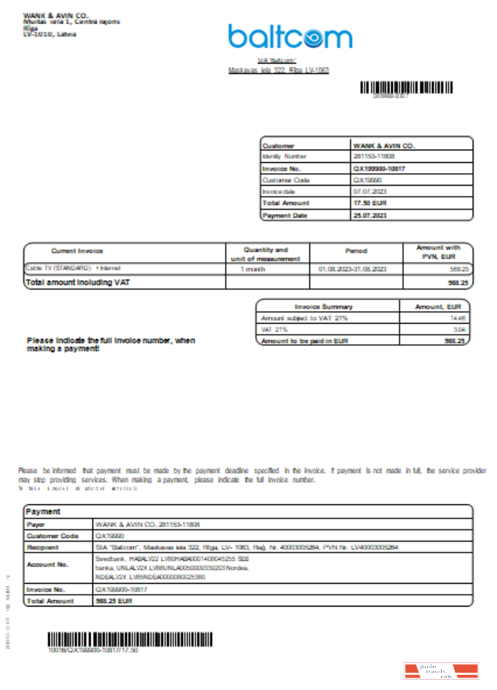 Baltcom telecommunications utility business bill,  SCR PSD template